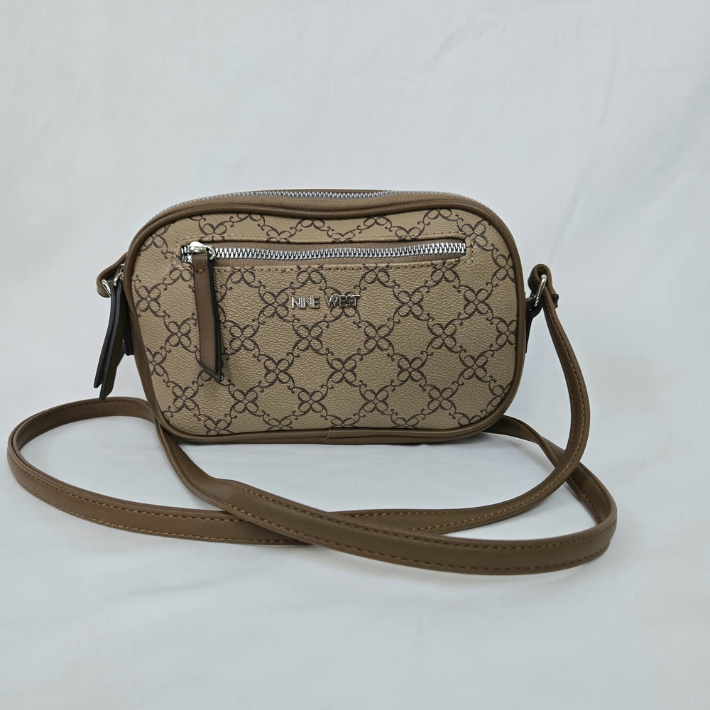 Nine West Tan Brown Logo Print Top Zip Silver Hardware Mini Camera Crossbody Bag